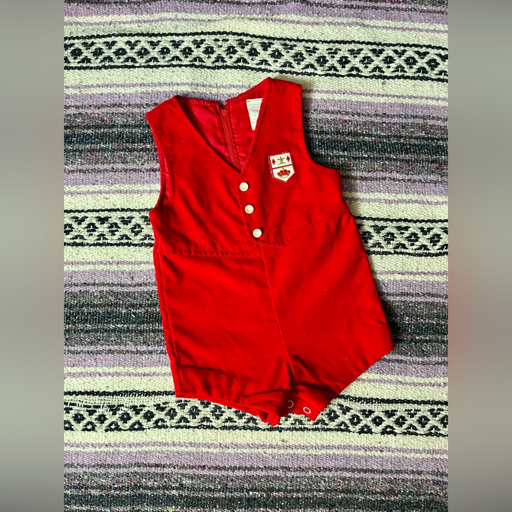 Vtg 1980s Red Velvet Baby Romper With Pearlescent Buttons
